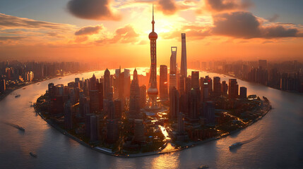 A stunning aerial view of the Shanghai skyline at sunrise with the iconic Oriental Pearl Tower. The sun casts a golden glow over the city, illuminating the skyscrapers and the Huangpu River.