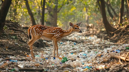 Canvas Print - Spotted Deer in a Forest Littered with Plastic Waste 