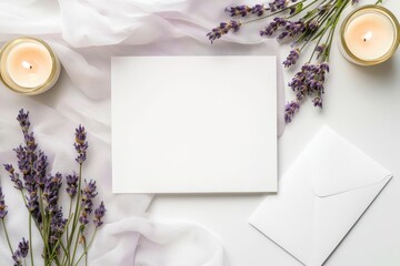 Wall Mural - Shadowy paper mock-up on the table with white ribbon, lavender, and heart-shaped candle in natural sunlight.