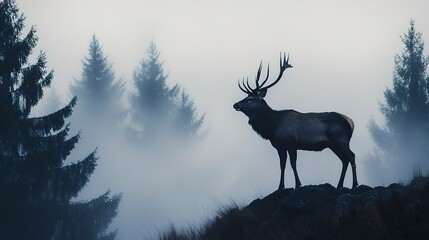 Wall Mural - Silhouette of a stag standing on a hill, mist-covered forest background. 