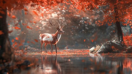 A red and white deer is captured in a serene autumn scene 