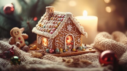 Gingerbread house adorned with 1950s-style candies and vintage ornaments, set amidst burlap, wood, and warm lighting for a cozy holiday vibe. Gingerbread house, New Year, Christmas