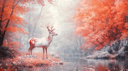 Canvas Print - A red and white deer is captured in a serene autumn scene