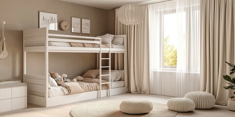 luxury minimalist light brown kids bedroom with elegant white double bunk bed and kids decoration 