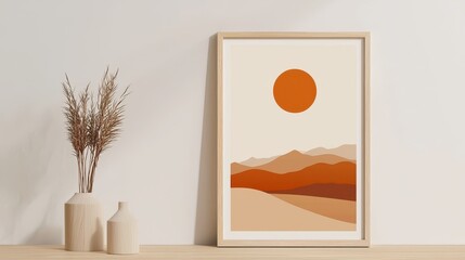 Wall Mural - Minimalist Abstract Landscape Wall Art with Wooden Frame and Vases