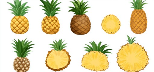 Stacking fresh ripe pineapple fruit slices on a white background. Nutrition concept with a tasty raw tropical fruit.