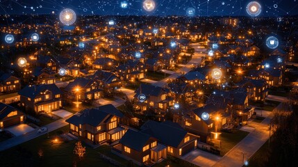 Poster - Smart City Night Aerial View with Connected Homes and Network