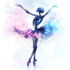 Sticker - Skeleton Ballerina in a Watercolor Sky.