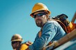 © Phoenix AI Photo - Two construction workers in safety gear working at a construction site, focused and determined, under the clear blue sky.