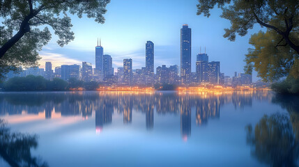 A stunning panoramic view of a modern cityscape with skyscrapers reflected in a calm lake at sunrise.