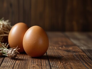 Fresh organic brown eggs resting on a rustic wooden table