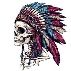 Canvas Print - Native American Skull Illustration with Feathers Headdress.