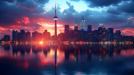 A stunning panoramic view of the Toronto skyline at sunset with a vibrant sky and reflective water.