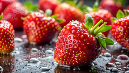 Close-up photo of ripe strawberries with water droplets , juicy, fresh, vibrant, red, fruits, delicious, refreshing, healthy