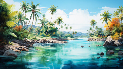 A serene tropical landscape featuring calm river surrounded by lush palm trees and vibrant foliage. clear blue water reflects sky, creating peaceful atmosphere.