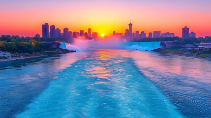 Wall Mural - A stunning sunrise over Niagara Falls with the cityscape in the background. The water is a vibrant blue and the sky is a beautiful mix of pink and orange.