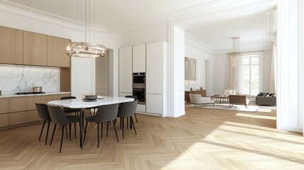 Sticker - Modern Kitchen Dining Room Interior Design with Herringbone Wood Floor