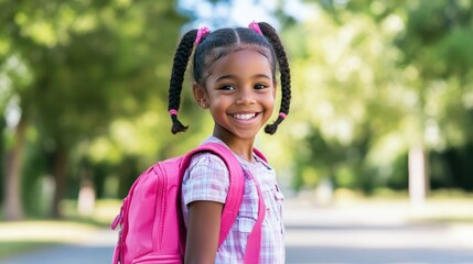 Canvas Print - A young girl with a pink backpack smiles while walking, AI