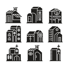 Wall Mural - house, office tower and church building icons set