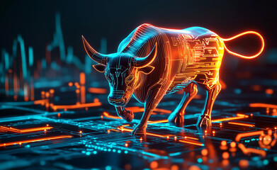 A cybernetic bull representing stock market growth and financial power in a high-tech digital environment.