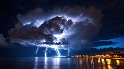 Canvas Print - Dramatic Lightning Storm Over Coastal City at Night