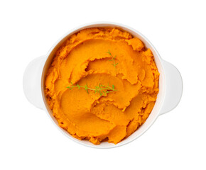 Wall Mural - Delicious mashed sweet potatoes in pot isolated on white, top view