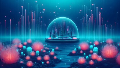 A futuristic underwater city in a glass dome in the ocean nestled within a bioluminescent coral reef and surrounded by small, bioluminescent jellyfish. In the background are minimal, ascending aquatic