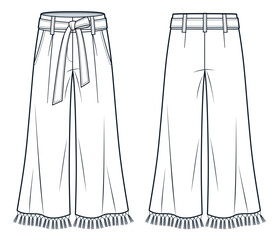 Canvas Print - Tassel Trim Pants technical fashion illustration. Wide Leg Pants fashion flat technical drawing template, belt, pockets, front and back view, white, women, men, unisex CAD mockup.