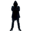 © nsit0108 - Full length silhouette of a suspicious man with hidden face is crossing his arms on white background