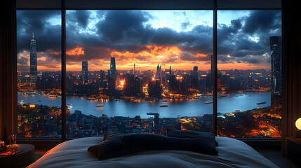 A stunning view of a city skyline at sunset, seen from a bedroom window with a bed and bedside table in the foreground.