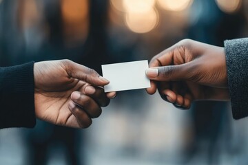 Two people are holding a white business card and one of them is holding the card out to the other