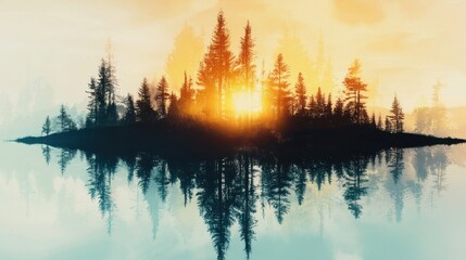 Wall Mural - Forest Reflection in Still Lake at Sunset