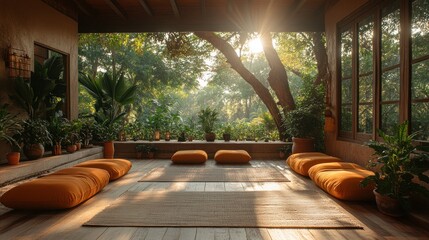 Wall Mural - Sunlit Patio with Cushions and Lush Greenery