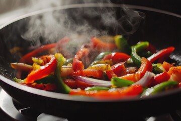 A pan of vegetables is cooking on a stove, with steam rising from the pan