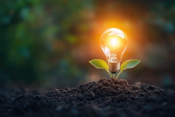 A light bulb is planted in the dirt. The light bulb is glowing and surrounded by green leaves. Concept of growth and the importance of light in the process