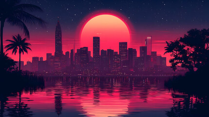 Poster - A vibrant city skyline with palm trees silhouetted against a red sunset.