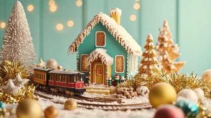 Retro gingerbread house with teal, mustard yellow, and cherry red decorations, surrounded by vintage tinsel, glass ornaments, and a classic train set. Gingerbread house, New Year, Christmas