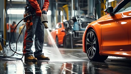 Technicians using a pressure washer to clean a car while standing