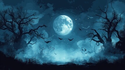 Mystical Forest Night with Full Moon and Bats