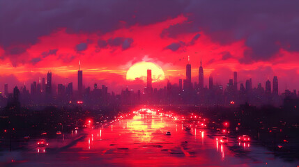 Wall Mural - A vibrant cityscape silhouette with a red sunset sky.