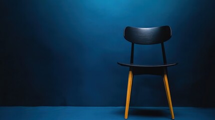 Canvas Print - A black chair against a blue wall with yellow legs, AI