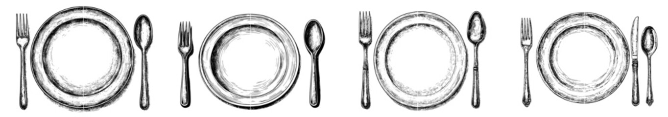 Hand-drawn fork spoon and plate of cutlery. Modern illustration of cutlery