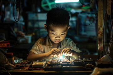 Child concentrating on intricate work under dim lighting