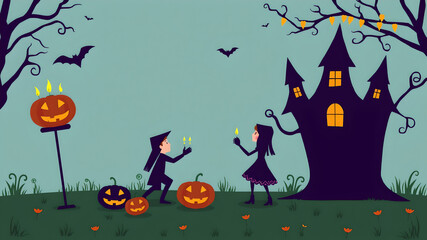 Wall Mural - Halloween background with scary house