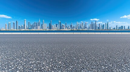 Poster - Empty Road with Skyline of Modern Cityscape and Blue Sky