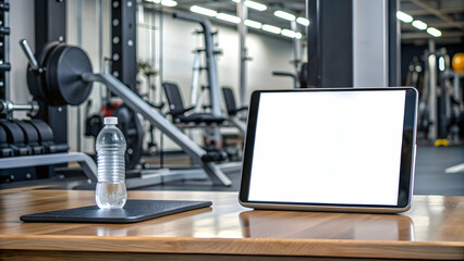 iPad with white screen mockup next to water bottle and workout gear at gym bench, mockup, technology, fitness