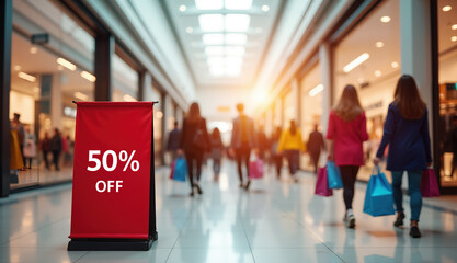 50% OFF red banner in shopping mall hall, people rushing with bags full of shopping during the Black Friday sales weekend