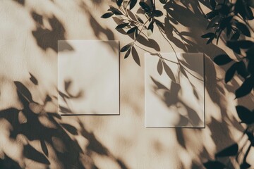 Wall Mural - Business brand template with blank paper sheet cards in flowers with sunlight shadows on a beige background. Flat lay, top view business brand template.