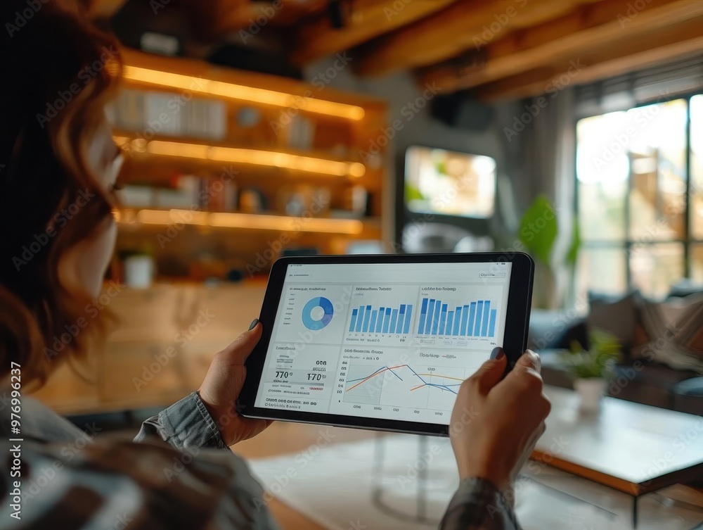 Person analyzing business analytics on a tablet screen with charts and ...