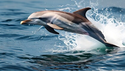 Graceful dolphins leaping through crystal-clear waters under a bright blue sky